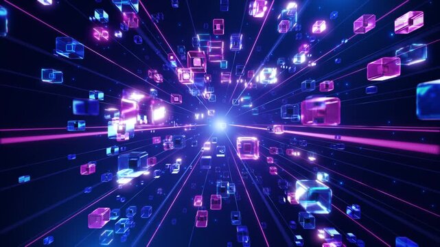 Glowing cube tunnel combines blue geometry bright vanishing point. futuristic digital space gaming intros, technology promos immersive event visuals, using bright outlines neon beams depth and speed.