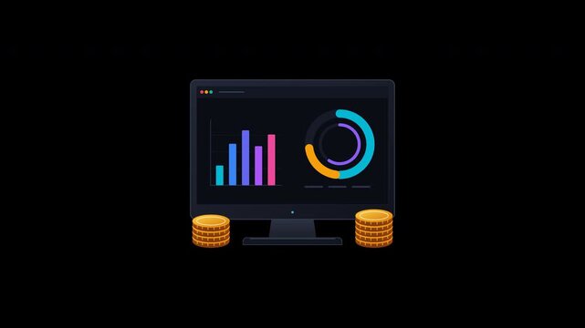 Neon bar charts and segmented radial rings animate on a dark cyber monitor flanked by gold tokens in an eight second transparent loop.
