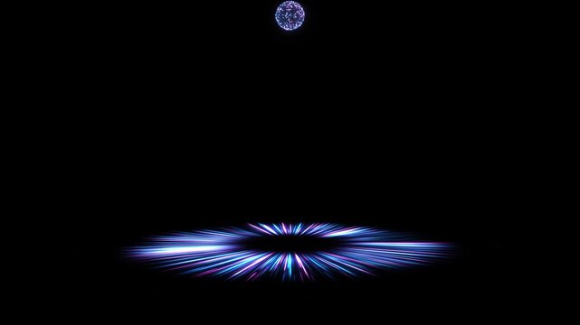Sphere of blue, white particles sits above a wide elliptical light ring black. Radial streaks dark center beneath orb, abstract energy scene with generous empty space for video titles introductions.