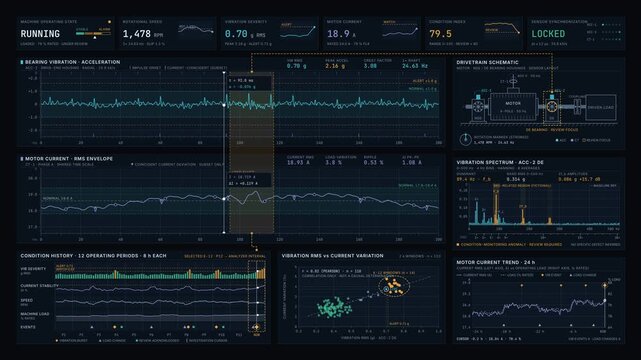 Industrial machine health monitoring dashboard displaying synchronized bearing vibration waveforms and motor current variations with detailed condition diagnostics.