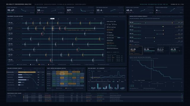 Premium industrial reliability dashboard animation showing equipment failure history, MTBF trends, and repair effectiveness in a dark enterprise command center.