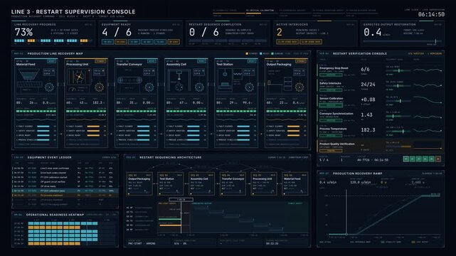 Dark industrial manufacturing command dashboard animation showing equipment recovery, line restart progress, and stable production output with technical UI elements.