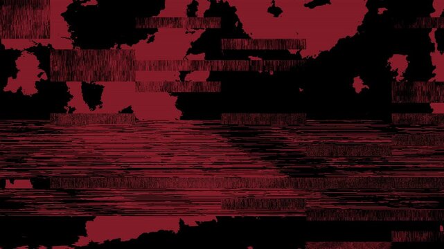 Black field is bordered by fragmented red technical text, smears broken lines digital interference. distorted computer display leaves a broad dark center for cyber themed titles, overlays video edits.