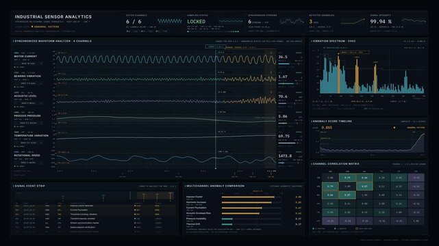 Premium industrial sensor analytics interface displaying synchronized multichannel waveforms, abnormal signal patterns, frequency spectra, and correlation matrices in a dark precision-instrument.