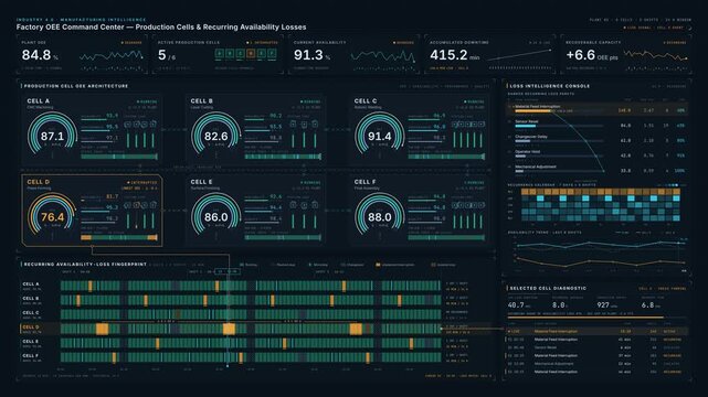 Dark industrial OEE dashboard comparing six production cells, highlighting recurring availability losses, downtime patterns, and operational performance gaps with animated charts.