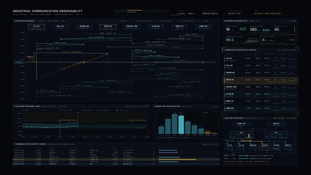 Industrial communication dashboard animating machine message sequences, network latency tracking, and response delay monitoring in a dark modern OT environment.