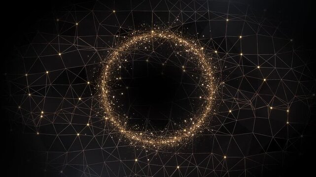 A dense ring of golden particles dark central opening, fine polygonal lines network nodes. Warm sparkles intricate mesh elegant abstract frame for digital titles, presentation graphics branding.
