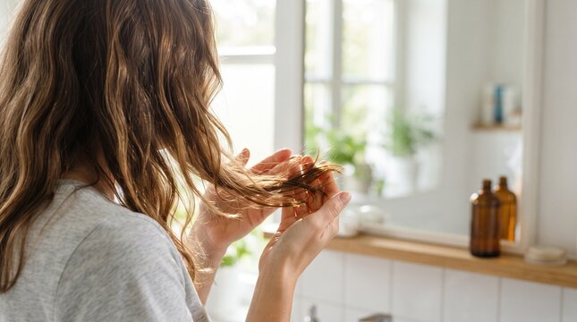 Young woman examining her brown hair in a bright modern bathroom mirror checking damage and split ends during her morning self care routine