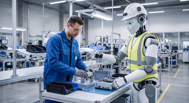 Human worker and robot assistant working in smart factory