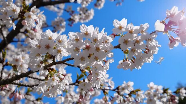 White cherry blossoms blooming on branches under blue sky