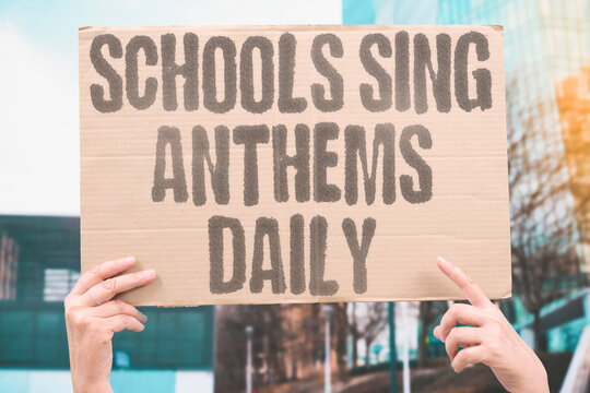 "Schools sing anthems daily" Pupils begin mornings with national songs. SCHOOLS. ANTHEMS. PUPILS. MORNINGS. TRADITION.