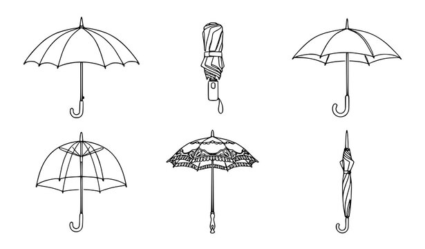 Weather protection icon set featuring open umbrellas folded parasols