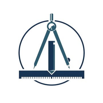 Professional architect logo featuring a drafting compass and T square ruler illustrating design precision, flat design vector art isolated on white background.