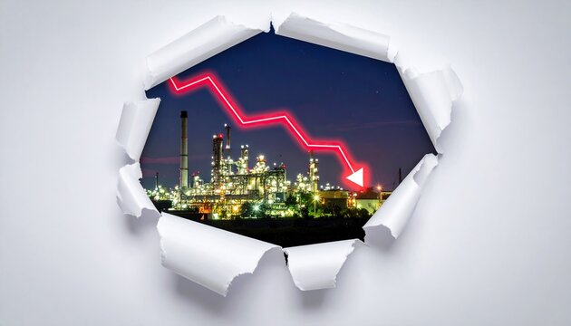 glowing red downward arrow shows economic decline over an industrial oil refinery plant revealed through torn paper.