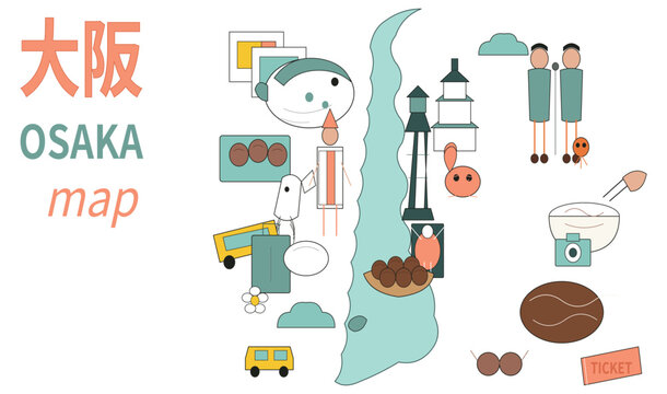 Osaka japan city map with playful icons