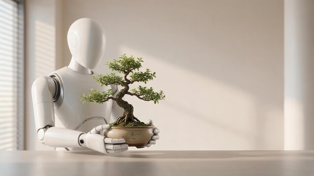 Minimalist humanoid robot holding small japanese bonsai tree in ceramic pot with wide copy space for sustainable technology concept