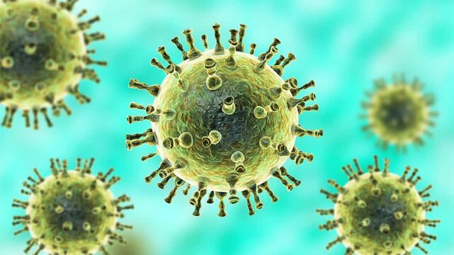 Varicella-zoster virus, 3D animation. Herpesvirus causing chickenpox and shingles, transmitted by respiratory droplets and direct contact with vesicular fluid.