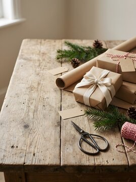 Rustic christmas gift wrapping on wooden table
