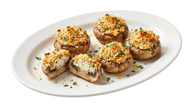 Gourmet stuffed mushrooms with cream cheese and breadcrumbs, savory baked mushroom appetizer on white platter, elegant hors d'oeuvres for catering isolated PNG with Transparent Background