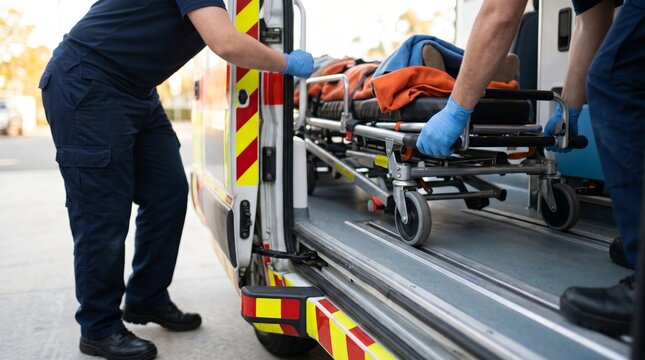 Paramedics loading a patient on a stretcher into an ambulance during a medical emergency