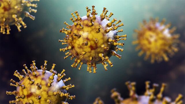 Varicella-zoster virus, 3D animation. Herpesvirus causing chickenpox and shingles, transmitted by respiratory droplets and direct contact with vesicular fluid.