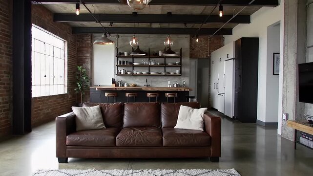 Modern industrial loft interior with brown leather sofa and open plan kitchen