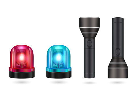 Set of emergency sirens and modern handheld flashlights on white background transparent background