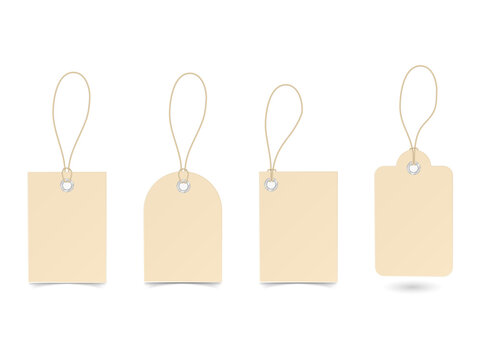 Set of four blank beige paper price tags with hanging strings transparent background