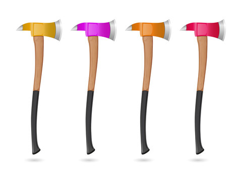 Set of four colorful fireman axes with wooden handles isolated on white transparent background