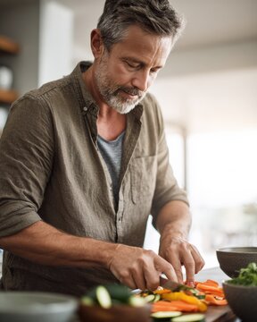 Mature man cooking homemade meal in bright kitchen
