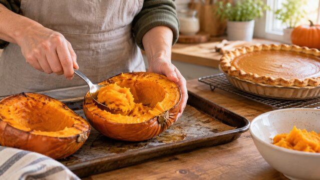 Person preparing roasted pumpkin filling beside a baked pumpkin pie on a rustic kitchen table, with autumn produce and cooking tools visible in a warm home setting
