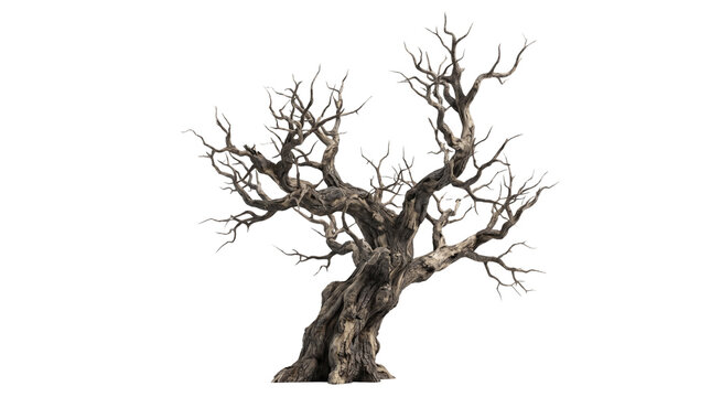 A gnarled, dead tree with twisted branches and rough, weathered bark, isolated on transparent background