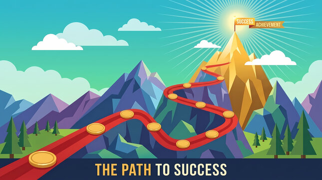 rocky mountain success trail vector illustration with red path and checkpoints leading to highest peak for achievement and goal concept