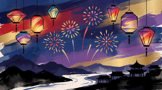 chinese new year watercolor background with red lanterns and fireworks modern vector illustration for festive holiday celebration design