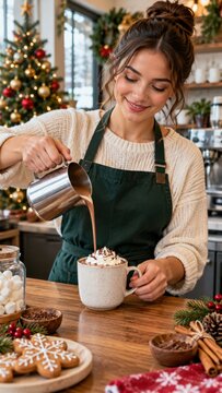 Woman pouring steamed milk into a cocoa mug beside Christmas cookies, marshmallows, greenery, and decorated tree in a cozy festive kitchen