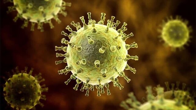 Varicella-zoster virus, 3D animation. Herpesvirus causing chickenpox and shingles, transmitted by respiratory droplets and direct contact with vesicular fluid.