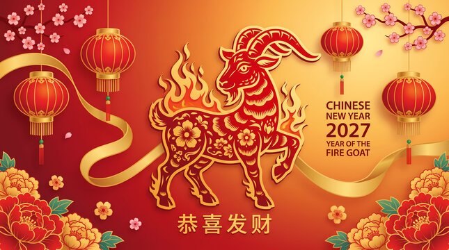 chinese new year 2027 year of the fire goat vector greeting card red lanterns golden ribbons floral gradient background for lunar new year invitation poster banner decoration