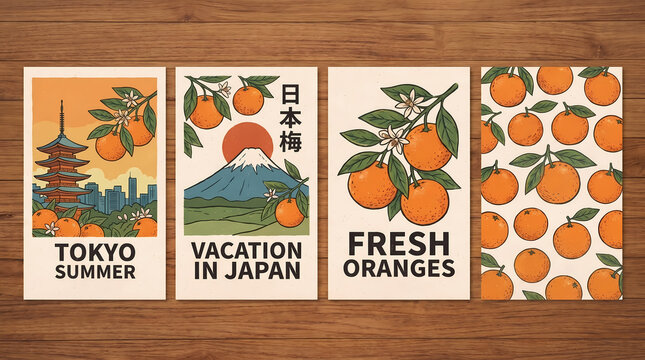 japanese orange fruit vector illustration set tokyo summer poster hand drawn citrus green leaves for card banner kitchen menu cover design