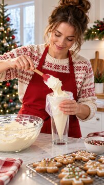 Woman filling a pastry bag with creamy mixture beside decorated Christmas cookies in a cozy kitchen with a tree and holiday decorations