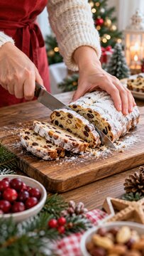 Person slicing powdered fruitcake on a wooden board beside a decorated Christmas tree, candles, berries, pinecones, and festive table decorations