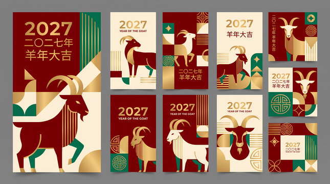 chinese new year 2027 year of the goat vertical banners social media templates modern geometric vector illustration set for festive marketing