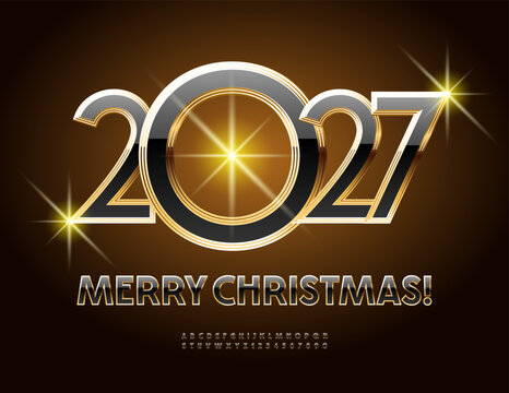 Vector Elite Greeting Merry Christmas 2027! Luxury Black and Golden Font. Modern set of Elegant Alphabet Letters and Numbers.