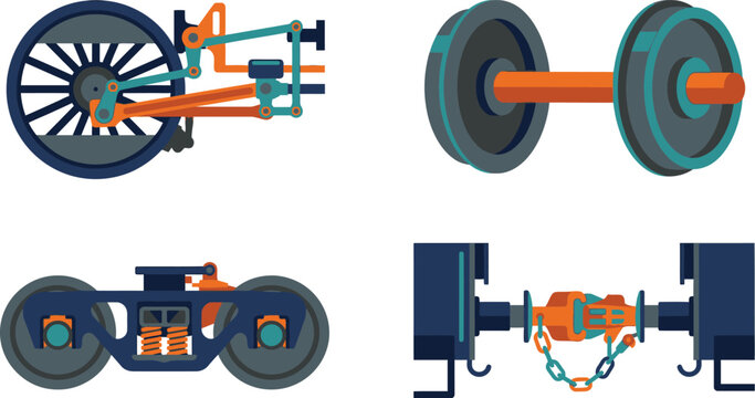 Set of train components including wheels, axles, bogie, and coupling mechanism