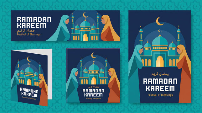 ramadan kareem banner set mosque crescent moon muslim women geometric pattern posters greeting cards cover designs for eid islamic holiday marketing