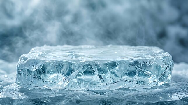Clear cracked ice block display pedestal for product presentation on