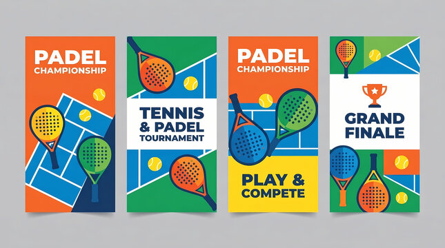 padel championship poster set colorful sports banners with rackets balls blue court for tennis tournaments flat vector illustration collection for competition promotion