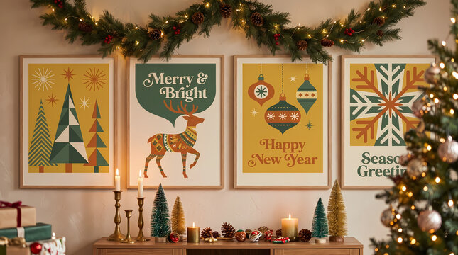 retro christmas new year poster set trendy vector illustrations with fir trees elegant typography festive patterns for social media holiday branding cover designs