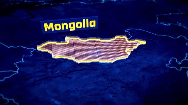 3D topographical map of Mongolia with highlighted borders and country name on a dark background