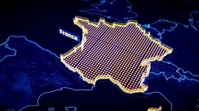 3D Glowing Map of France with Neon Outlines and Dot Pattern Displayed on a Dark Digital Background