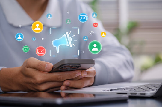 Digital Marketing Communication and Customer Engagement Concept with Business Professional Using Smartphone, Connected Audience Icons, Email Messaging, Online Marketing Promotion and Advertising
